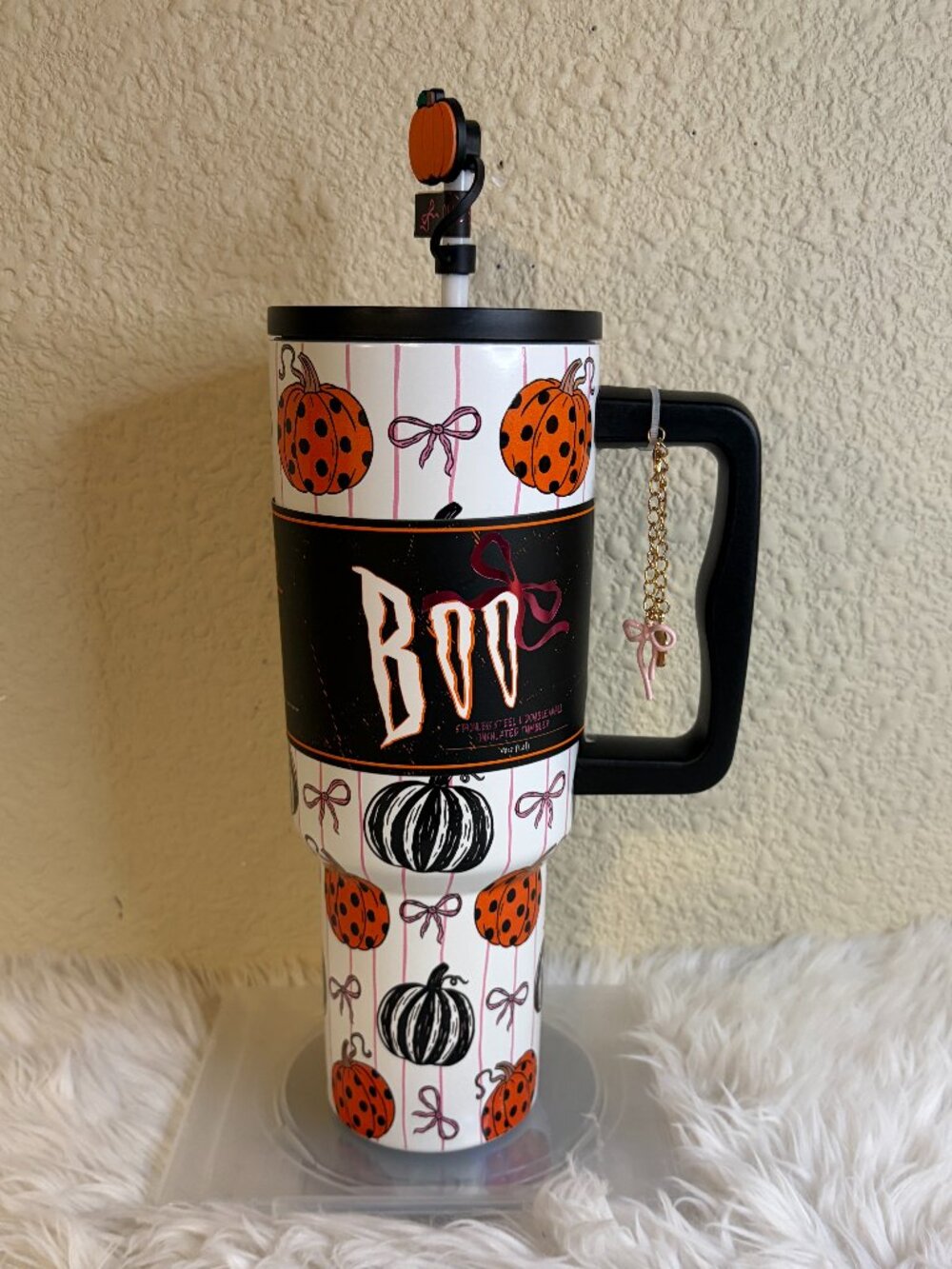 40oz Halloween Pumpkin Bow Tumbler Cup Handle Straw Charm Orange Pink NWT